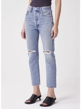 Agolde Riley Crop Distressed Blue Denim Jeans